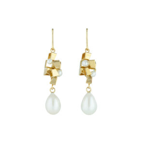 Pearl Cluster Drop Earrings, Gold and White