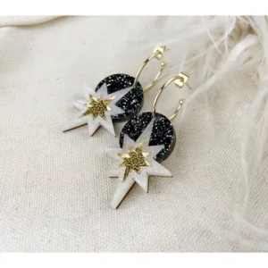 Star Deco Hoop Earrings: Black Glitter & Gold