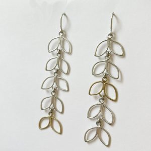 Long Drop Leaf Earrings Silver and Gold